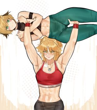 2girls abs absurdres armband armpits blonde_hair commentary deccatezu english_commentary fate/grand_order fate_(series) gareth_(fate) green_eyes highres jewelry looking_at_viewer midriff mordred_(fate) multiple_girls navel necklace short_hair smile sports_bra sweat tongue tongue_out twitter_username