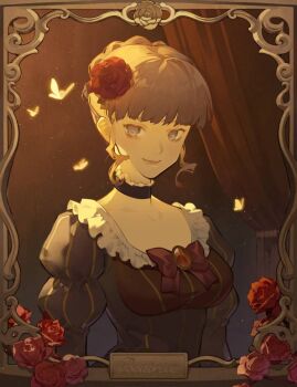 1girl beatrice_(umineko) blonde_hair blue_eyes brown_dress bug butterfly character_name closed_mouth commentary dress flower insect lilith-lily portrait rose short_hair smile solo umineko_no_naku_koro_ni yellow_butterfly
