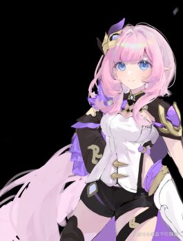 1girl black_background black_shrug blue_eyes breasts chinese_commentary cleavage commentary_request corset elf elysia_(honkai_impact) elysia_(miss_pink_elf)_(honkai_impact) hair_ornament highres honkai_(series) honkai_impact_3rd long_hair looking_at_viewer medium_breasts miyoushe_watermark ou_he_bu_chi_ou_he pink_hair pointy_ears purple_eyes shrug_(clothing) simple_background smile solo thighs very_long_hair watermark white_corset