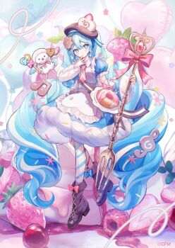 1girl absurdly_long_hair asymmetrical_legwear blue_dress blue_eyes blue_hair boots brown_boots commentary_request dress drill_hair food fruit full_body hand_up hatsune_miku holding long_hair looking_at_viewer mismatched_legwear official_art pantyhose parted_lips pipi_(pipinavigation) short_sleeves standing striped_clothes striped_pantyhose twin_drills twintails very_long_hair vocaloid yuki_miku yuki_miku_(2026)