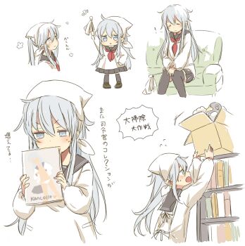 1girl alternate_hairstyle apron bandana black_sailor_collar black_skirt blue_eyes blue_hair blush book bookshelf box cardboard_box closed_eyes commentary_request couch cowlick double-parted_bangs failure_penguin flying_sweatdrops full_body hair_between_eyes hibiki_(kancolle) holding holding_book kantai_collection long_sidelocks long_sleeves manga_(object) miss_cloud motohara_moka multiple_views neckerchief pleated_skirt ponytail red_neckerchief sailor_collar shirt sidelocks simple_background sitting sketch skirt smile sweat translation_request white_apron white_background white_shirt