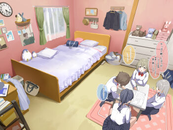 4girls absurdres ahoge analog_clock arm_on_table bag bed bedroom blush book bow bowtie chest_of_drawers clock commentary_request curtains grey_skirt grey_socks highres holding holding_pen homework indoors lemontyoisy_r18 long_hair long_sleeves looking_at_another medium_hair multiple_girls no_shoes open_book original pen pleated_skirt ponytail red_bow red_bowtie school_bag school_uniform shirt shirt_tucked_in short_hair sitting skirt sky socks speech_bubble straight_hair stuffed_animal stuffed_toy sweatdrop table thought_bubble translation_request white_shirt window
