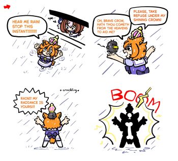 2girls animal animal_ears animal_on_hand bird bone brown_hair crow crown ear_ornament ear_piercing electrocution english_text glowing hair_between_eyes highres horse_ears horse_girl horse_tail left-to-right_manga lightning meisho_doto_(umamusume) mini_crown multicolored_hair multiple_girls open_mouth orange_hair orange_tail piercing pikminpreggedup purple_shirt rain sailor_collar sailor_shirt school_uniform shirt short_hair t.m._opera_o_(umamusume) tail tracen_school_uniform two-tone_hair umamusume white_hair