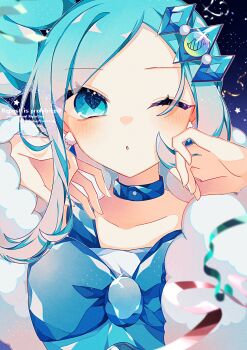 Rule 34 | 1girl, :o, blue background, blue bow, blue choker, blue shirt, bow, choker, earrings, hair ornament, hairclip, highres, jewelry, lisia (pokemon), long hair, looking at viewer, mega stone, nintendo, one eye closed, open mouth, pokemon, pokemon oras, pom pom (clothes), pom pom earrings, shirt, side ponytail, simple background, solo, to camellia, upper body, white arm warmers