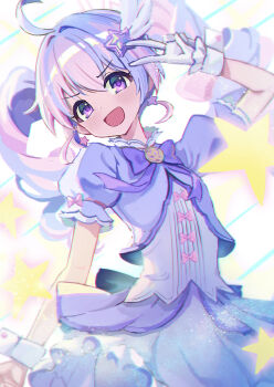 1girl ahoge blue_archive blue_hair blue_vest blush dress drill_hair gloves hair_ornament highres looking_at_viewer madopen medium_hair multicolored_hair official_alternate_costume open_mouth pink_hair purple_eyes reisa_(blue_archive) reisa_(magical)_(blue_archive) solo star_(symbol) star_hair_ornament streaked_hair twin_drills v vest white_dress white_gloves