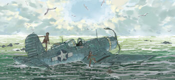 3boys absurdres aircraft airplane bird cloud cloudy_sky cockpit dark_skin f4u_corsair highres kill_markings military_vehicle multiple_boys open_cockpit original outdoors partially_submerged propeller propeller_fighter roundel scenery seagull shot_down shovei_industry sky vehicle_focus very_dark_skin wading