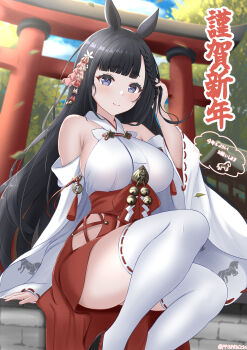 1girl absurdres adjusting_hair animal_ears azur_lane black_hair blue_sky braid chinese_zodiac closed_mouth cloud commentary_request daisen_(azur_lane) detached_sleeves hair_ornament hakama highres horse_ears horse_girl japanese_clothes light_blush long_hair looking_at_viewer nontraditional_miko outdoors paashe purple_eyes red_hakama sitting sky smile solo thighhighs torii tree white_thighhighs wide_sleeves year_of_the_horse