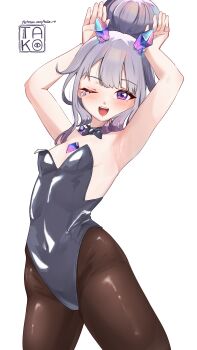 1girl ;d absurdres armpits gem grey_hair hair_bun highres hololive hololive_english koseki_bijou long_hair one_eye_closed open_mouth pantyhose playboy_bunny purple_eyes rabbit_pose signature simple_background single_hair_bun smile solo takoroki virtual_youtuber white_background