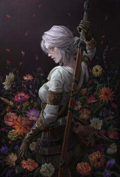 1girl absurdres breasts brown_gloves brown_pants ciri drawing_sword flower gloves green_eyes highres holding holding_sword holding_weapon looking_at_viewer looking_back medium_breasts orange_flower pants purple_flower shao_ye shirt sword the_witcher_(series) the_witcher_3 weapon white_flower white_hair white_shirt