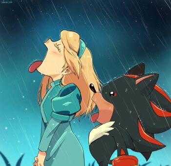 1boy 1girl artist_name blonde_hair blue_hairband closed_eyes furry furry_male goku_and_vegeta_in_the_rain_(meme) hairband highres looking_up maria_robotnik meme open_mouth own_hands_together rain shadow_the_hedgehog sonic_(series) star_(sky) starnic_exe tongue tongue_out wet