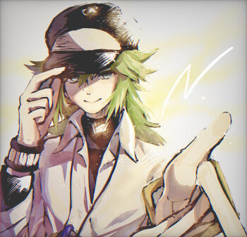 1boy adjusting_clothes adjusting_headwear bansookoo. baseball_cap black_hat black_shirt black_wrist_cuffs bracelet commentary_request dappled_sunlight facing_viewer finger_gun gold_bracelet green_hair grey_eyes hat highres jewelry light_particles long_sidelocks looking_at_viewer low_ponytail male_focus n_(pokemon) necklace nintendo outdoors outstretched_arm partially_unbuttoned pokemon pokemon_bw ponytail shirt shirt_under_shirt sidelocks sky sleeves_rolled_up smile sunlight upper_body white_shirt wrist_cuffs yellow_background yellow_sky