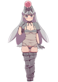 1girl blush bound breasts cleavage fat_rolls furuaki gen_3_pokemon gloves grey_gloves grey_hair grey_panties grey_shirt light_smile lock long_hair looking_at_viewer medium_breasts nintendo orb panties personification pokemon revealing_clothes see-through_clothes shirt solo spoink underwear white_background