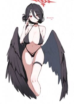 1girl adversarial_noise arm_behind_back bikini black_bikini black_choker black_hair black_wings blue_archive blush breasts choker cleavage closed_mouth collarbone cropped_legs feathered_wings hair_between_eyes hair_bun halo halterneck hand_up hasumi_(blue_archive) hasumi_(swimsuit)_(blue_archive) highleg highleg_bikini highres huge_breasts kisaka long_hair looking_at_viewer low_wings official_alternate_costume official_alternate_hairstyle red_eyes red_halo side_ponytail simple_background single_side_bun skindentation solo standing swimsuit thigh_gap thigh_strap thighs twitter_username white_background wings