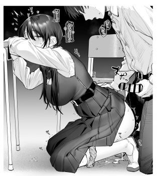 1boy 1girl absurdres aftersex ass bar_censor belt blush bow bowtie breasts breath censored chair cum cum_on_floor cumdrip desk dress dress_shirt faceless faceless_male greyscale heart hetero highres kneeling kunikida_tomoe_(momokumo) large_breasts long_hair long_sleeves momokumo monochrome original panties panties_around_leg penis penis_grab pinafore_dress pleated_dress school_chair school_desk school_uniform shirt shoes sleeveless sleeveless_dress sweat twintails underwear uwabaki