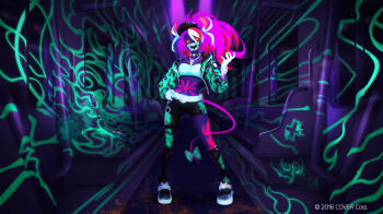 1girl akali akali_(cosplay) animal_ears asymmetrical_legwear asymmetrical_pants baseball_cap belt black_choker black_mask black_pants blood bow breasts can choker commentary commentary_request cosplay crop_top english_commentary floating_hair full_body glowing glowing_clothes glowing_eyes glowing_hair green_belt green_jacket green_pants green_shirt hakos_baelz hand_on_own_hip hand_up hat highres hololive hololive_english jacket jewelry k/da_(league_of_legends) k/da_akali key key_necklace league_of_legends long_hair looking_at_viewer mask medium_breasts midriff mixed-language_commentary mouse_ears mouse_girl mouth_mask multicolored_hair navel necklace pants pink_hair purple_jacket re_(re_09) red_hair shirt shoes sneakers solo spiked_choker spikes stomach streaked_hair tail tail_bow tail_ornament train_interior ultraviolet_light virtual_youtuber white_belt white_hair window yellow_eyes