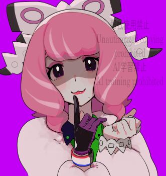 1girl :3 black_eyes bracelet closed_mouth collared_shirt commentary_request dynamax_band eyeshadow gloves green_shirt hands_up highres index_finger_raised jacket jewelry klara_(pokemon) looking_at_viewer makeup mole mole_under_mouth momotose_(hzuu_xh4) nintendo pink_eyeshadow pink_hair pokemon pokemon_swsh purple_background shirt single_glove smile solo upper_body watermark white_jacket