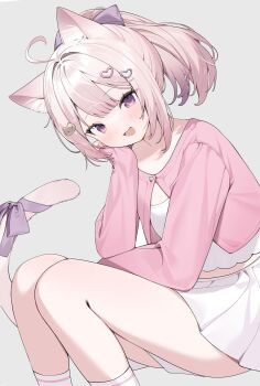 1girl absurdres ahoge animal_ear_fluff animal_ears blush cat_ears cat_girl cat_hair_ornament commission copyright_request dot_nose fang flat_chest hair_between_eyes hair_ornament heart heart_hair_ornament highres inuyayo long_sleeves looking_at_viewer open_mouth pink_eyes pink_hair purple_ribbon ribbon short_hair simple_background skirt socks solo tail white_skirt