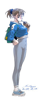 1girl absurdres backpack bag breasts brown_eyes brown_hair drink drinking full_body highres looking_at_viewer nabipenciller original ponytail shoes sideways_glance small_breasts sneakers solo standing unitard