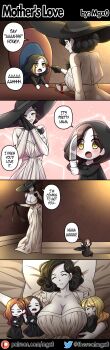 4koma absurdres aged_down alcina_dimitrescu artist_name bela_dimitrescu black_dress black_gloves black_hair blonde_hair blood bowl breasts brown_hair cassandra_dimitrescu chair claw_(weapon) cleavage comic daniela_dimitrescu dress english_text eyes_visible_through_hair feeding gloves hat highres holding holding_knife hood huge_breasts knife mgx0 mother_and_daughter open_mouth orange_hair own_hands_together patreon_logo resident_evil resident_evil_village siblings sisters sleeping table tall_female twitter_logo twitter_username watermark weapon web_address white_dress yellow_eyes