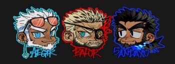 Rule 34 | 3boys, aegir (housamo), anchor earrings, balor (housamo), bara, beard, black hair, blue eyes, blue fire, chibi, chibi only, chinstrap beard, commentary, cropped head, dark-skinned male, dark skin, earrings, english commentary, facial hair, facial scar, fire, forked eyebrows, frown, full beard, highres, jewelry, looking at viewer, male focus, mature male, mestses, multiple boys, name tag, sandayu (housamo), sanpaku, scar, scar on cheek, scar on face, short hair, smile, thick beard, thick eyebrows, tokyo houkago summoners, tusks