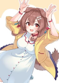 1girl :3 :d animal_ears blush bone_hair_ornament braid brown_eyes brown_hair collar comomo dog_ears dog_girl dog_tail dress hair_ornament highres hololive inugami_korone inugami_korone_(1st_costume) jacket looking_at_viewer medium_hair open_mouth red_collar smile solo tail twin_braids virtual_youtuber white_dress yellow_jacket