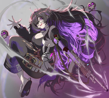 1girl assault_rifle bare_shoulders black-framed_eyewear black_cardigan black_dress black_hair book breasts cardigan cardigan_partially_removed cleavage colored_inner_hair commentary_request dress floating_skull glasses goddess_of_victory:_nikke gun hair_over_one_eye highres holding holding_gun holding_weapon label_(nikke) large_breasts long_hair looking_at_viewer mole mole_on_breast multicolored_hair open_mouth purple_eyes purple_hair purple_streaks rifle slippers smile solo stuffed_animal stuffed_rabbit stuffed_toy syope very_long_hair weapon