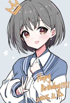 1girl bang_dream! bang_dream!_it&#039;s_mygo!!!!! blue_jacket blush brown_eyes collared_shirt commentary dated drawn_crown dress_shirt earrings english_commentary grey_background grey_hair happy_birthday highres jacket jewelry long_hair long_sleeves open_clothes open_jacket open_mouth shirt short_hair simple_background single_earring smile solo takamatsu_tomori upper_body w white_shirt zhong_xiansheng