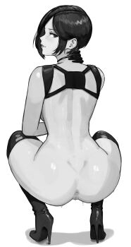 1girl ada_wong aelion_draws anus ass bad_link black_boots black_gloves black_hair boots choker closed_mouth eyelashes from_behind full_body gloves greyscale harness high_heel_boots high_heels highres lips looking_at_viewer looking_back monochrome nude pussy resident_evil short_hair simple_background solo squatting thigh_boots uncensored white_background