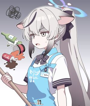 Rule 34 | 1girl, absurdres, alternate costume, alternate hairstyle, angel's 24 uniform (blue archive), animal ear fluff, animal ears, apron, black bow, black bowtie, black hair, black ribbon, blue apron, blue archive, blue halo, bottle, bow, bowtie, broken bottle, can, collared shirt, cup, disposable cup, empty eyes, gradient background, gradient hair, grey background, grey hair, hair ribbon, halo, highres, holding, holding mop, kokona (blue archive), korean text, looking down, mop, multicolored hair, name tag, object in pocket, open mouth, pen in pocket, pocket, ponytail, ribbon, shirt, short sleeves, solo, spill, squiggle, streaked hair, striped bow, striped bowtie, striped clothes, sweatdrop, v-shaped eyebrows, vector (dmlddmld00), white background, white shirt