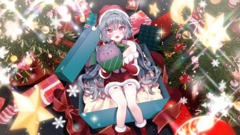 Rule 34 | 1girl, aqua hair, bow, box, breasts, christmas, christmas ornaments, christmas tree, collar, commission, creature, crescent, dabi (15dldl15), detached sleeves, dress, fur-trimmed dress, fur-trimmed shoes, fur-trimmed sleeves, fur trim, gift, gift box, hair bow, hair ornament, hairclip, hat, highres, holding, holding gift, indie virtual youtuber, large breasts, on box, open mouth, parallel hairclips, paw hair ornament, pom pom (clothes), poyam, red bow, red collar, red dress, red eyes, red hat, red shoes, red sleeves, santa costume, santa dress, santa hat, shoes, sitting, sitting on box, snowflakes, solo, star (symbol), thigh strap, twintails, virtual youtuber, white bow