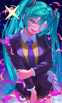 1girl collared_shirt commentary_request eyelashes eyepatch freckles grabbing_another's_arm hatsune_miku heart heart-shaped_pupils highres long_hair long_sleeves looking_at_viewer medical_eyepatch mitama_(mokochiko) monitoring_(vocaloid) necktie open_mouth pleated_skirt purple_necktie shirt skirt solo sweater symbol-shaped_pupils twintails very_long_hair vocaloid yellow_sweater