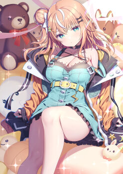 1girl bare_legs blue_dress breasts commentary_request dress hair_ornament hairclip head_tilt highres igarashi_rika jacket large_breasts looking_at_viewer lying nijisanji no_panties on_back solo star_(symbol) star_hair_ornament thighs yellow_jacket zzz_(zzz00166403zzz)