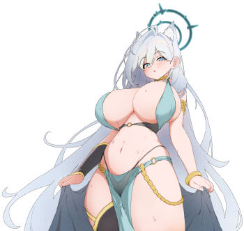 1girl ahoge animal_ear_fluff animal_ears black_halo black_panties black_thighhighs blue_archive blue_eyes blue_scarf blush bracelet breasts broken_halo cleavage commentary dancer extra_ears grey_hair groin hair_between_eyes halo harem_outfit heterochromia highres hisi_978 jewelry large_breasts long_hair looking_at_viewer navel o-ring o-ring_top panties parted_lips scarf shiroko_terror_(blue_archive) single_thighhigh solo thighhighs thighs underwear very_long_hair wolf_ears