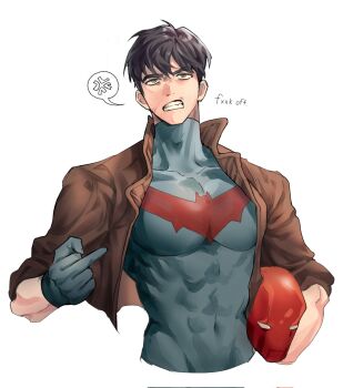 1boy anger_vein angry annoyed bat_signal batman_(series) batman_symbol black_bodysuit black_gloves black_hair bodysuit dc_comics gloves highres jason_todd jjoldi_(jjoldi5160) male_focus mask muscular open_mouth red_hood_(dc) short_hair speech_bubble superhero_costume