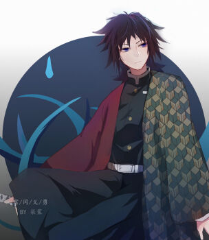 1boy absurdres belt black_hair black_jacket black_pants blue_eyes buttons closed_mouth commentary_request demon_slayer_uniform empty_eyes gold_buttons hair_between_eyes haori high_collar highres jacket japanese_clothes kikkoumon kimetsu_no_yaiba long_hair looking_to_the_side low_ponytail male_focus pants ponytail print_haori red_haori s1142265755 sitting solo spiked_hair tomioka_giyuu white_belt
