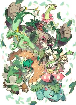 animal_focus antennae beak bird black_fur body_fur chesnaught claws closed_mouth colored_sclera decidueye everyone fangs feathers flower gen_1_pokemon gen_2_pokemon gen_3_pokemon gen_4_pokemon gen_5_pokemon gen_6_pokemon gen_7_pokemon gen_8_pokemon gorilla grass green_feathers green_fur group_picture highres kuromagnon leaf mask meganium meowscarada nintendo no_humans open_mouth orange_eyes owl pawpads pokemon pokemon_(creature) pokemon_focus red_eyes rillaboom roaring sceptile serperior short_tail snake spiked_arm spiked_shell spikes tail torterra tortoise tree turtle two-tone_fur venusaur wings yellow_eyes yellow_sclera