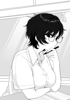 1girl absurdres breasts chiharunosekai1 collared_shirt desk dress_shirt glasses highres leaning leaning_on_self leaning_on_table looking_at_viewer medium_breasts monochrome notebook notice_lines original pen school_desk shirt short_hair short_sleeves solo