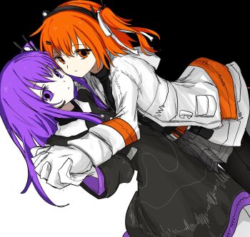 Rule 34 | 2girls, a.i. voice, adachi rei, belt, black background, black dress, black pantyhose, black shirt, collar, collared dress, contrast collar, cowboy shot, culottes, dress, dutch angle, expressionless, face-to-face, gloves, grey shorts, hair ornament, hair ribbon, hairclip, hashtag-only commentary, headlamp, headset, highres, holding hands, hood, hooded jacket, jacket, long dress, long hair, long sleeves, looking at viewer, medium hair, migimiya yoru, multiple girls, one side up, open clothes, open jacket, orange belt, orange eyes, orange hair, pantyhose, purple eyes, purple hair, radio antenna, ribbon, shirt, shorts, sound wave, tsukumo shion, turtleneck, turtleneck shirt, two-tone background, undershirt, utau, white background, white collar, white gloves, white jacket, white pantyhose, white ribbon