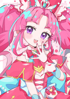 1girl :d aramedraw blush border bow bowtie commentary_request cure_mystique dress fingerless_gloves gloves grid_background hair_bow hand_up highres kobayashi_mikuru long_hair looking_at_viewer magical_girl meitantei_precure! nail_polish open_mouth outside_border parted_bangs pink_background pink_hair pink_nails precure purple_eyes red_bow red_bowtie red_dress smile solo thick_eyebrows upper_body white_border white_gloves