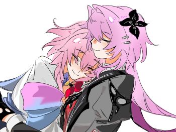 2girls black_choker black_dress black_flower black_gloves blue_jacket blush choker closed_eyes closed_mouth dress dual_persona evernight_(honkai:_star_rail) flower flower_ornament gloves hair_between_eyes hair_flower hair_ornament hairclip hashtag-only_commentary highres honkai:_star_rail honkai_(series) hug jacket juliet_sleeves lapels long_hair long_sleeves low_twintails march_7th_(honkai:_star_rail) march_7th_(preservation)_(honkai:_star_rail) multiple_girls official_alternate_costume official_alternate_hairstyle pink_hair puffy_long_sleeves puffy_sleeves red_flower selfcest shirt short_hair sidelocks simple_background smile twintails two-tone_dress upper_body wanxlin9 white_background white_dress white_shirt yuri