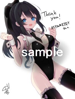1girl amagasa_nadame arms_up between_breasts black_hair black_leotard black_necktie black_thighhighs blue_eyes breasts cleavage clenched_hands commission gluteal_fold groin highleg highleg_leotard highres leotard long_hair necktie necktie_between_breasts open_mouth original ponytail sample_watermark skeb_commission smile solo thighhighs thighs watermark wrist_cuffs