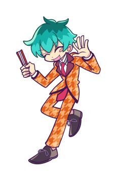 Rule 34 | 1boy, :d, ^ ^, aqua hair, black shoes, blush stickers, choppy bangs, closed eyes, commentary, contrast collar, contrast lapels, dress shoes, english commentary, folded fan, folding fan, formal clothes, full body, hand fan, hands up, highres, holding, holding fan, houndstooth, hypnosis mic, jacket, kermitrolling, lapels, long necktie, long sleeves, male focus, multicolored hair, necktie, no socks, nurude sasara, open hand, open mouth, orange jacket, orange pants, orange suit, pants, parody, purple trim, puyopuyo, red necktie, shoes, short hair, simple background, single blush sticker, slouching, smile, solo, standing, standing on one leg, style parody, suit, suit jacket, takenami hideyuki (style), very short hair, white background