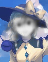 Rule 34 | 1girl, black hat, blue sky, blurry, blurry foreground, bow, buttons, cloud, collared shirt, commentary request, diamond button, eyeball, frilled shirt collar, frills, grey hair, hat, hat bow, highres, hollow eyes, koishi day, komeiji koishi, looking at viewer, medium hair, no mouth, shirt, sky, solo, takayo (user yeah3737), third eye, touhou, upper body, wavy hair, yellow bow, yellow shirt