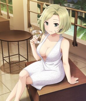 1girl arm_support bare_arms bare_shoulders blonde_hair breasts cleavage closed_mouth collarbone crossed_legs cup dot_nose dress drinking_glass earrings feet_out_of_frame floating_earrings floral_print floral_print_dress game_cg green_eyes indoors jewelry large_breasts looking_at_viewer mole mole_under_mouth night official_art olive palm_tree plunging_neckline print_dress railing round_table sitting skewer sleeveless sleeveless_dress smile solo sparkle table tanaka_taeko third-party_source tile_floor tiles toji_no_miko toji_no_miko:_kizamishi_issen_no_tomoshibi tree white_dress wine_glass