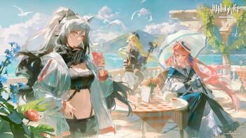 3girls animal_ear_fluff animal_ears arch arknights bare_shoulders belt bird bird_girl black_hat black_romper black_scarf black_shorts black_tea black_thighhighs blue_feathers blue_flower blue_sky blunt_sidelocks breasts cat_ears cat_girl ceylon_(arknights) chair chest_belt chinese_commentary cloud cloudy_sky column commentary_request copyright_logo copyright_notice crop_top cup drink drinking_glass drinking_straw feather_hair feathers feet_out_of_frame floating_hair flower frilled_skirt frills from_side green_hair grey_hair hammer hat head_wings high-waist_belt highres holding holding_drink holding_hammer holding_umbrella horizon jacket large_breasts logo long_hair looking_at_viewer medium_breasts moss mountain multiple_girls navel noland ocean off_shoulder official_art on_chair on_railing open_clothes open_jacket orange_flower outdoors pillar pink_hair placemat poncirus_(arknights) ponytail purple_eyes railing romper saucer scarf schwarz_(arknights) seagull see-through_clothes see-through_jacket shirt short_shorts shorts sidelocks simple_bird skirt sky sparkle stomach table tea teacup teapot thighhighs tumbler_glass turning_head umbrella vase white_feathers white_hat white_jacket white_shirt white_umbrella wings yellow_eyes