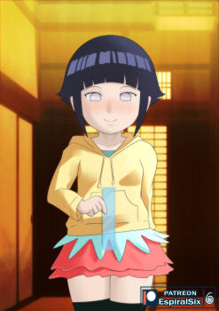 1girl absurdres artist_logo artist_name black_thighhighs blunt_bangs boruto:_naruto_next_generations breasts closed_mouth collarbone cosplay cowboy_shot drawstring espiralsix feet_out_of_frame female_focus highres holding holding_ruler hood hood_down hoodie hyuuga_hinata logo loli long_sleeves naruto_(classic) naruto_(series) no_pupils patreon_username pink_skirt purple_eyes ruler short_hair sidelocks skirt small_breasts smile solo standing thighhighs uzumaki_himawari uzumaki_himawari_(cosplay) yellow_hoodie zettai_ryouiki