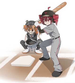 2girls adachi_rei ahoge baguette baseball_glove baseball_helmet baseball_uniform batting_stance black_shoes bread catcher's_mask catcher_(baseball) determined drill_hair food fork gloves grey_pants grey_shirt hair_between_eyes hashtag-only_commentary helmet highres holding holding_bread holding_fork kasane_teto layered_shirt long_sleeves medium_hair multiple_girls omuretsuteria one_side_up orange_eyes orange_hair pants pink_hair red_eyes shaded_face shin_guards shirt shoes smirk sportswear squatting standing twin_drills utau v-shaped_eyebrows white_gloves white_pants white_shirt white_shoes