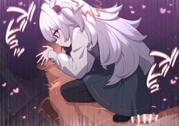 1boy 1girl assertive_female bar_censor black_pantyhose black_shoes blue_archive bookshelf censored clothed_female_nude_male cum dress ejaculation force-feeding french_kiss girl_on_top halo hands_on_another's_face heart hetero highres kanoe_(blue_archive) kiss knee_up loli long_hair long_sleeves looking_at_another nude orange_eyes orange_halo orgasm pantyhose pinafore_dress robo_mikan shirt shoes sleeve_cuffs sleeveless_dress staring tongue tongue_out trembling very_long_hair wavy_hair white_shirt