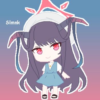 1girl absurdres black_hair blue_archive blue_dress chibi chibi_only closed_mouth demon_girl demon_horns dress full_body fuuka_(blue_archive) fuuka_(casual)_(blue_archive) gradient_background hair_on_horn halo hashtag-only_commentary hat highres horns long_hair looking_at_viewer official_alternate_costume outline pink_halo pixel_art red_eyes shirt slmnk10124 smile solo swept_bangs white_hat white_outline white_shirt