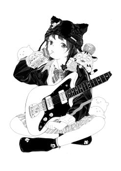 11e_(yuu) 1girl animal animal_hat animal_on_shoulder anklet beanie bow cat_hat closed_mouth collared_shirt commentary creature disney drinking_straw drinking_straw_in_mouth electric_guitar fang greyscale guitar hat highres holding holding_juice_box indian_style instrument jacket jewelry juice_box looking_at_viewer medium_hair mickey_mouse mole mole_under_eye mole_under_mouth monochrome open_clothes open_jacket original ring shirt sitting skirt socks solo striped_bow symbol-only_commentary tiger